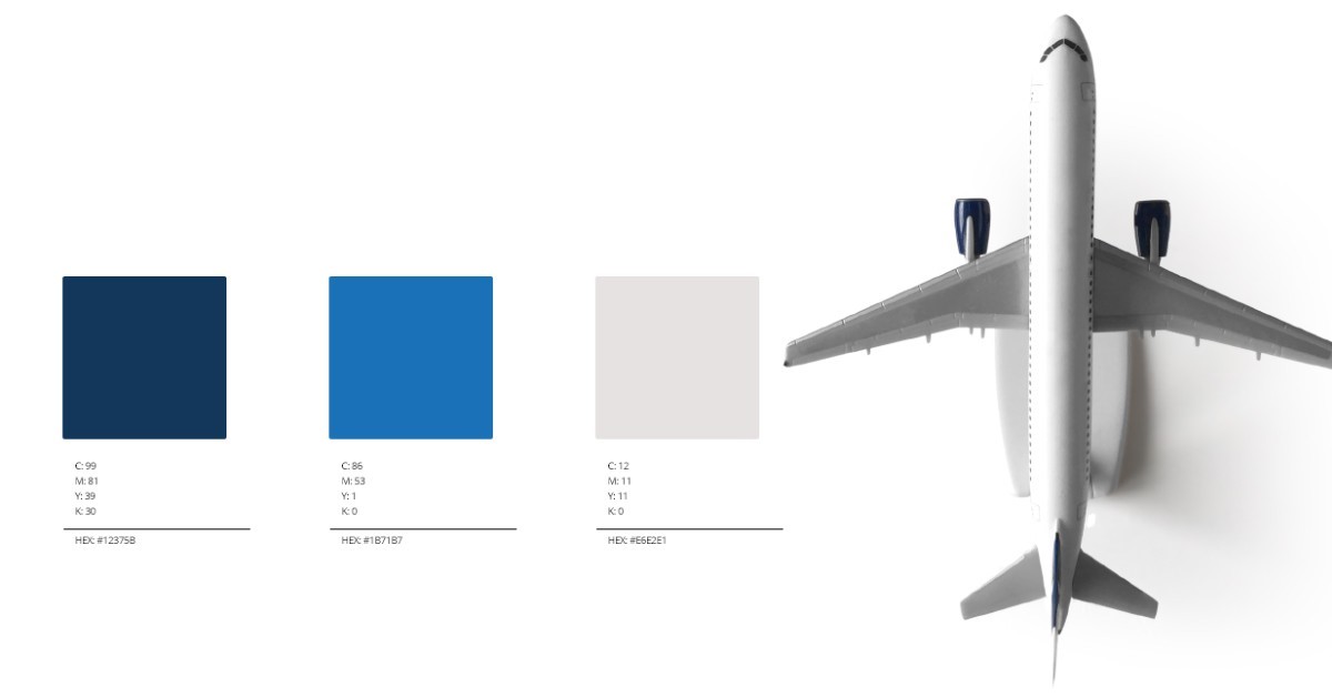 palette colori con le differenti esportazioni in RGB e CMYK con affiancato un modellino di aeroplano per identificare il cliente THAT AVIATION ITALIA SRL